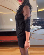 Vestido elegante con cuello en uve y lentejuelas lisas