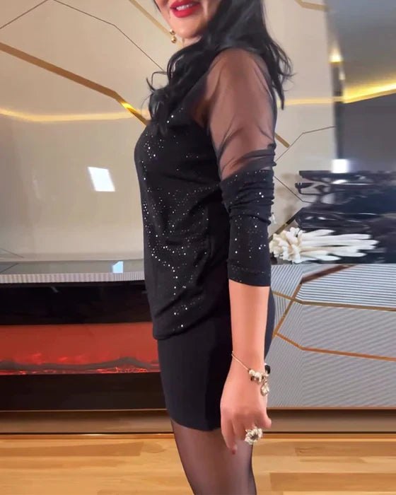 Vestido elegante con cuello en uve y lentejuelas lisas