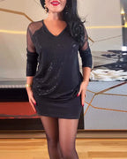 Vestido elegante con cuello en uve y lentejuelas lisas